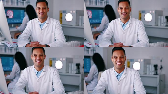 科学家，人在实验室和面对，快乐的医学研究和创新与科学研究和病理学。肖像，男医生的微笑和科学实验与保健