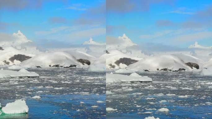 垂直视频广阔的南极海洋正在形成冰和冰山。