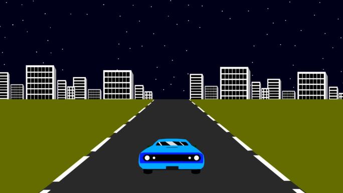 一个老赛车游戏的动画视频在16位风格的夜间，街机，像素艺术，2d。