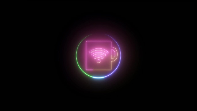 霓虹Wi-Fi热点符号动画。杯子上发光的Wi-Fi图标。