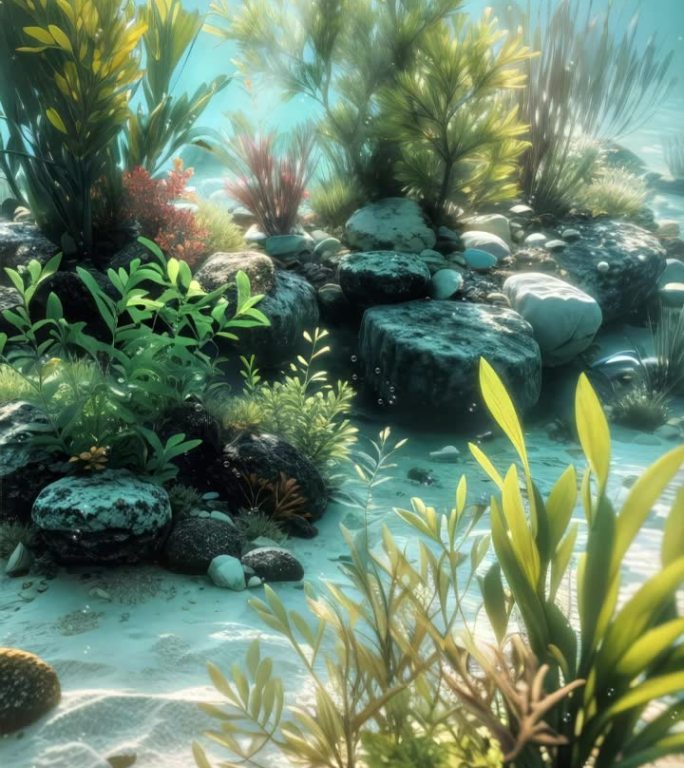 水下场景与海洋植物和气泡
