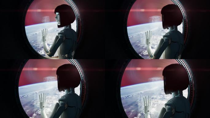 机器人女孩把她的手靠在宇宙飞船的窗户上