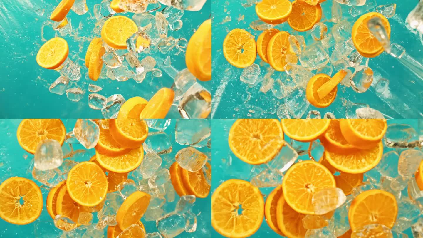 多汁的甜橙和飞冰块或水飞溅或倒滴果汁在1000帧/秒的超级慢动作。橘子片和冰块在蓝色背景下落下或爆炸