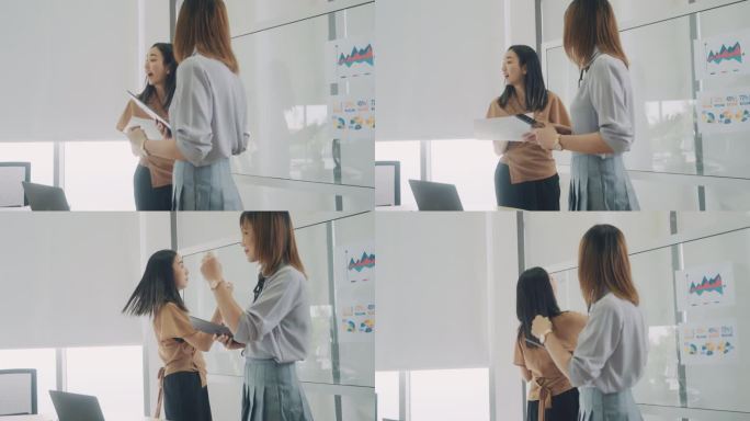 对话，便利贴和亚洲商业女性在玻璃板上为战略会议进行头脑风暴。