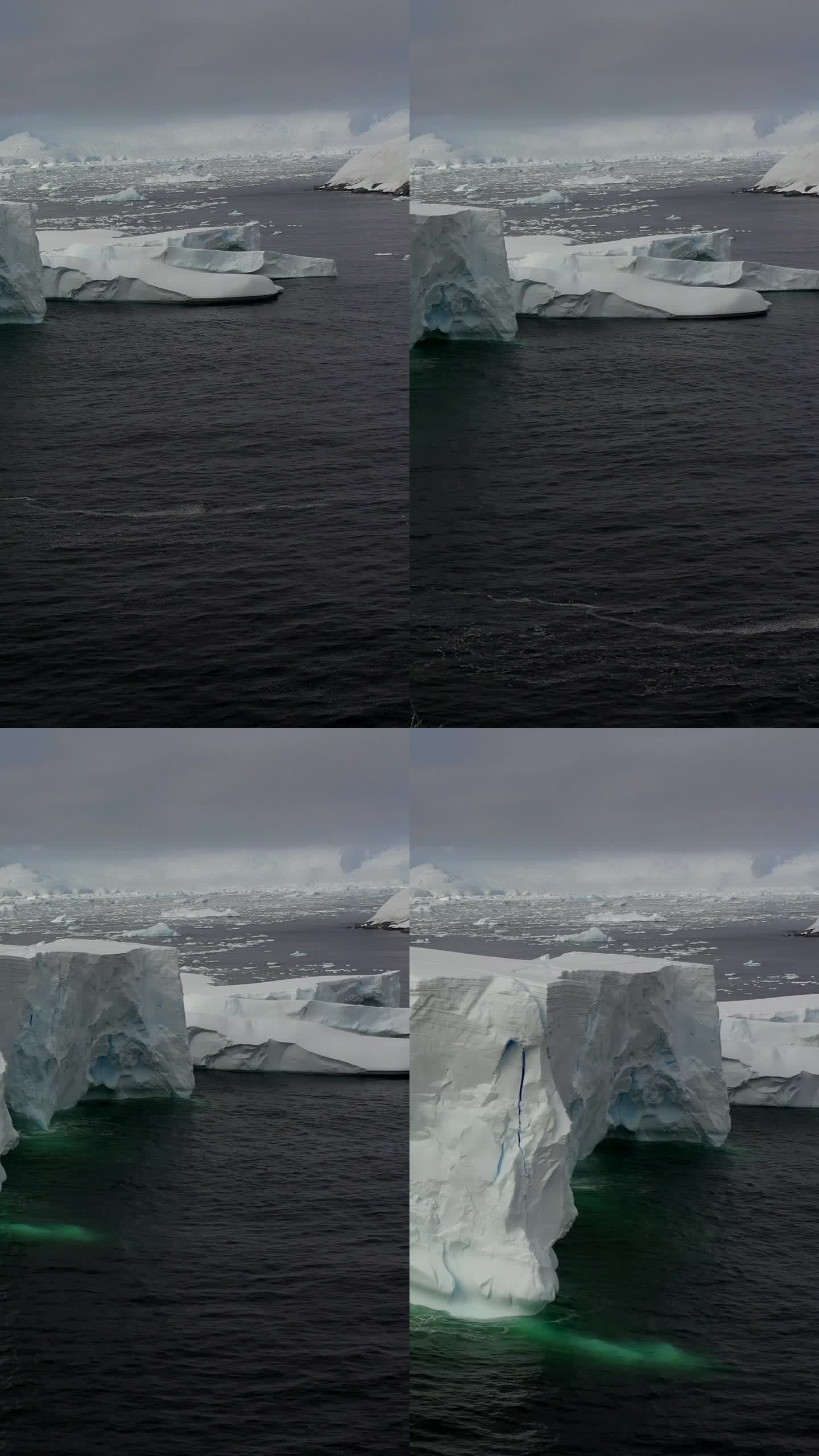 垂直视频美丽的南极海洋与冰，雪，冰山。