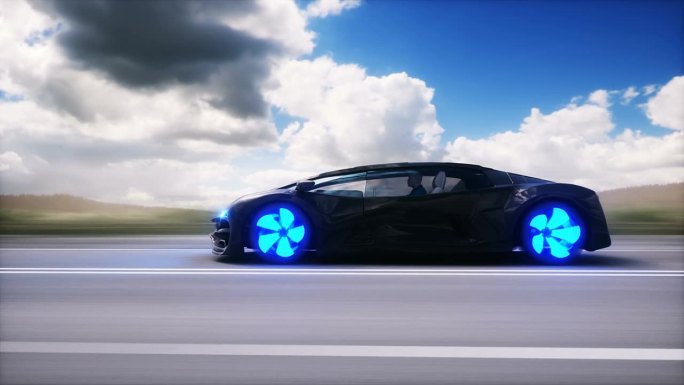 高速公路上未来的黑色电动汽车。开得非常快。