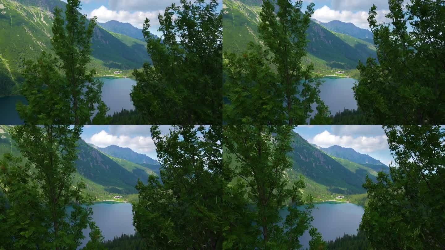夏季著名的山脉、湖泊、莫尔斯基湖或海眼湖鸟瞰图。美丽的天空阳光在塔特拉湖景观。联合国教科文组织世界自