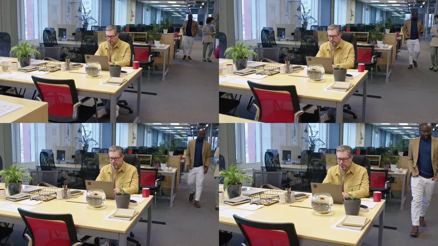 男经理坐在办公桌前用笔记本电脑工作