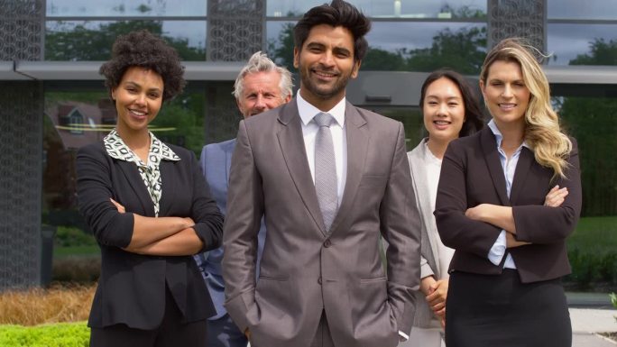 现代办公大楼外微笑的多元文化商业团队肖像