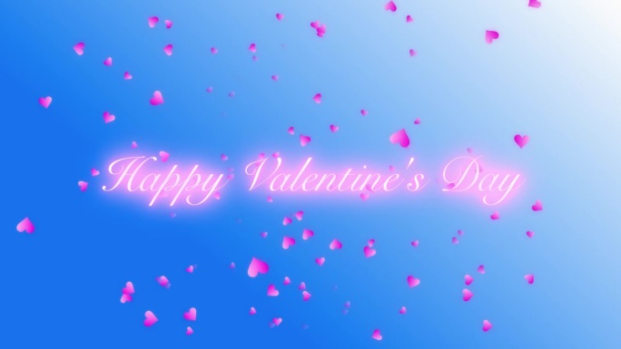 粉红色的心形图案从蓝色的天空落下，而情人节快乐的文字出现在发光的粉红色颗粒中。
