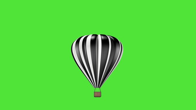 3D动画，一个滚烫的黑白气球在绿色屏幕的背景下起飞。旅游和度假的概念。