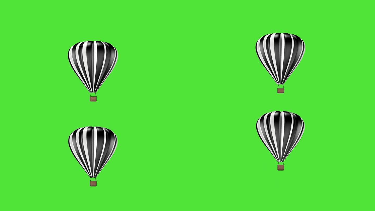 3D动画，一个滚烫的黑白气球在绿色屏幕的背景下起飞。旅游和度假的概念。