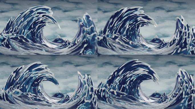 神奈川大浪的动画，日本浮世绘艺术风格，3D卡通或漫画风格