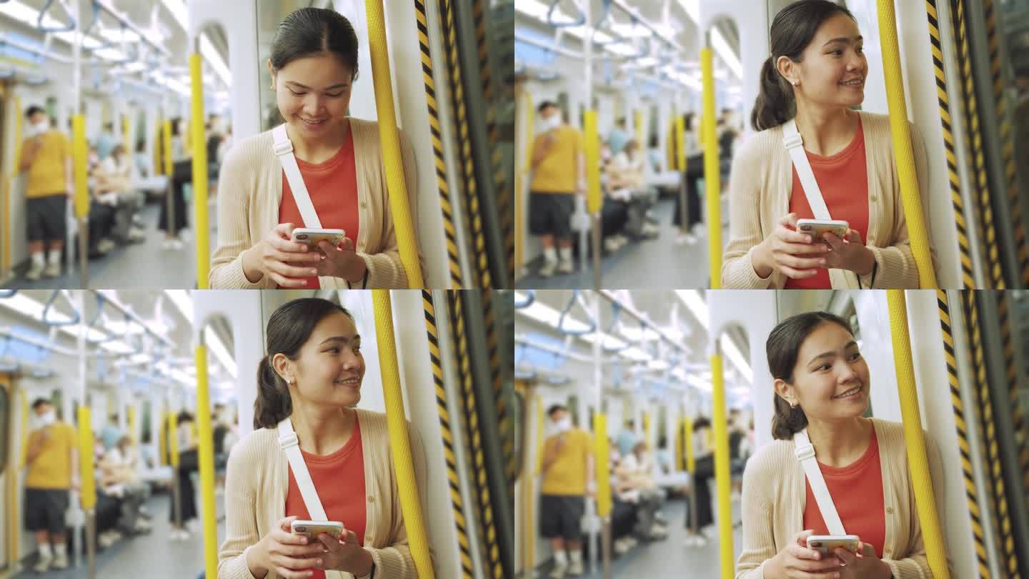 乘坐通勤火车旅行。一名女子在等火车时用手机打电话。