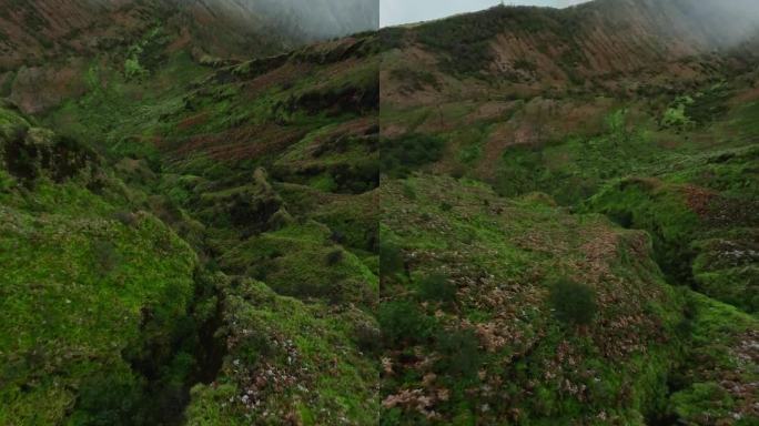 垂直视频。从山峰俯冲飞石纹理草岩地形