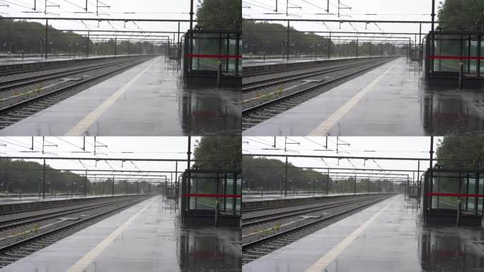 大雨期间空荡荡的火车站