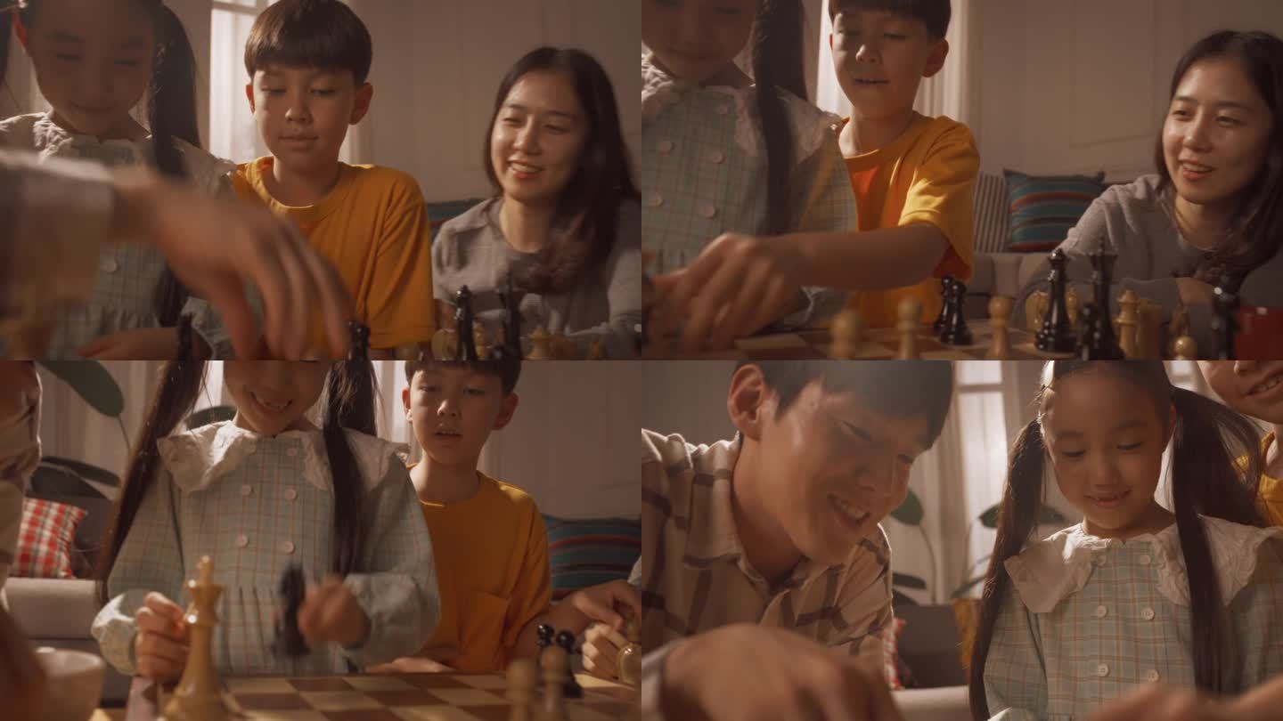 幸福的韩国家庭在家里共度时光:年轻的父母和他们可爱的孩子下国际象棋，玩得很开心。聪明的孩子在家里享受