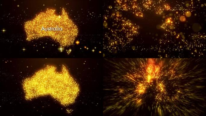 抽象运动揭示金橙色发光闪亮模糊焦点数字星形点马赛克粒子澳大利亚地图w.o标签文本