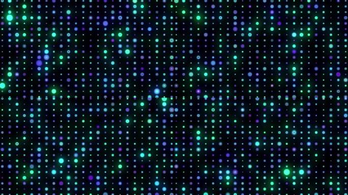 摘要彩色随机动画发光点扭曲图案。无缝循环几何背景与简单的霓虹灯发光粒子点4K动画粒子轨迹蓝，红，粉，