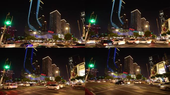 晚上城市交通马路斑马线红绿灯