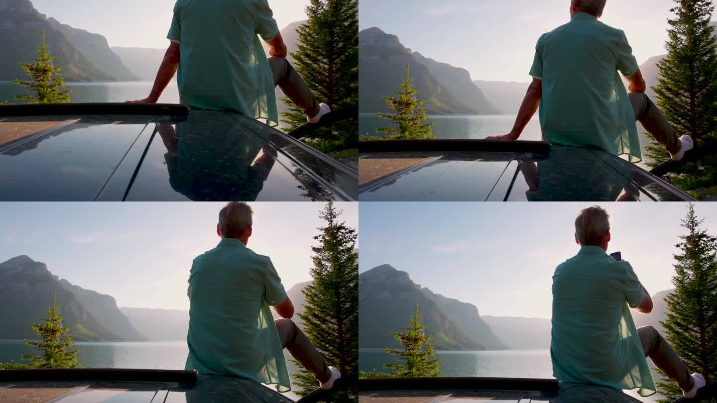 老人从车顶欣赏风景