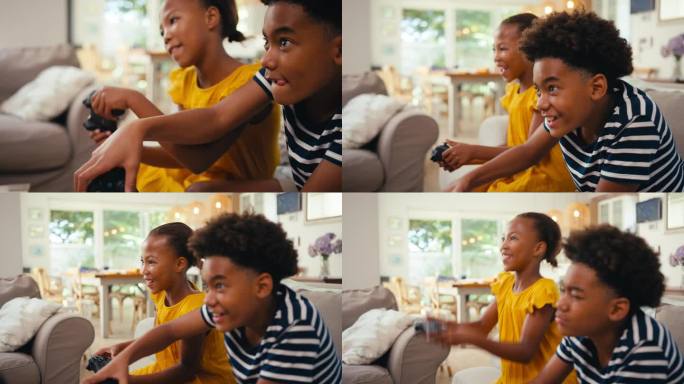哥哥和妹妹坐在家里的沙发上一起玩电子游戏，女孩赢了