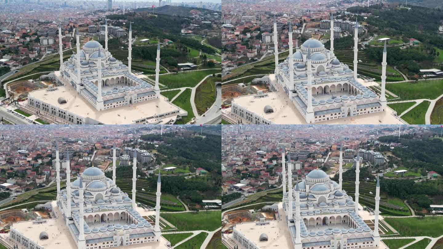 伊斯坦布尔卡姆利卡清真寺，卡姆利卡塔和马尔马拉海城市景观的放大镜头
