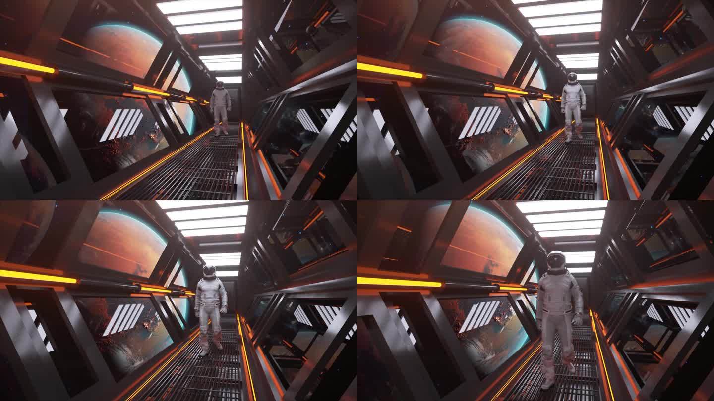 一名宇航员走过未来宇宙飞船的隧道，背景是火星。橙色霓虹灯