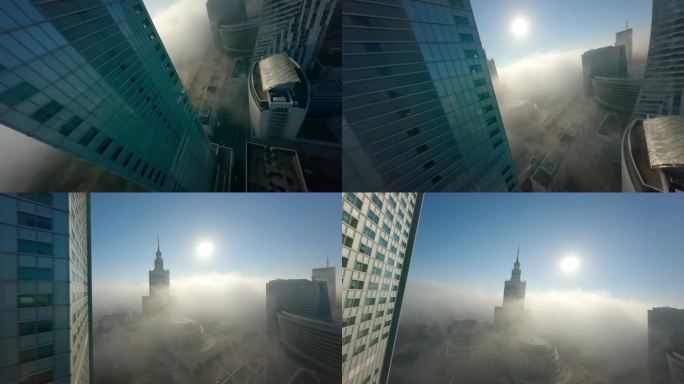 第一人称无人机飞行观看现代城市景观与玻璃摩天大楼在云