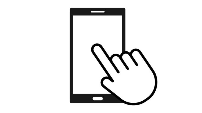 用手点击白色背景下的手机图标动画。移动智能手机与指针手指点击