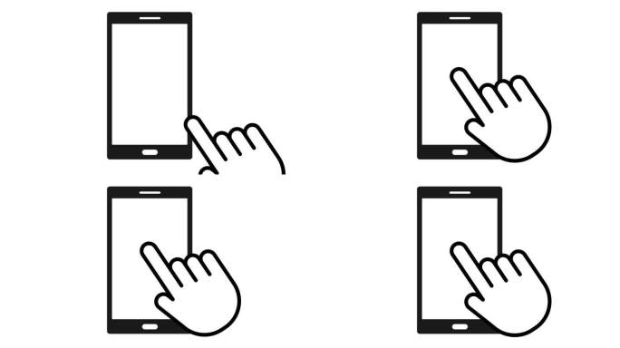 用手点击白色背景下的手机图标动画。移动智能手机与指针手指点击