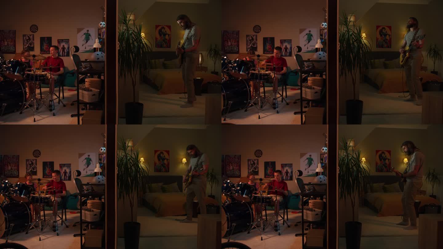 男人在卧室里弹吉他。小男孩和小女孩住在隔壁，玩着架子鼓和尤克里里琴。