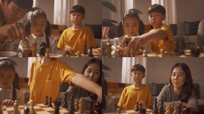 一个幸福的韩国家庭在客厅下棋的画像。父亲和儿子在比赛，母亲和女儿帮忙。他们享受在一起的美好时光