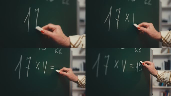 女数学老师在学校黑板上写方程式的特写