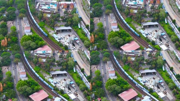 科伦坡火车站两列火车擦肩而过的航拍画面。