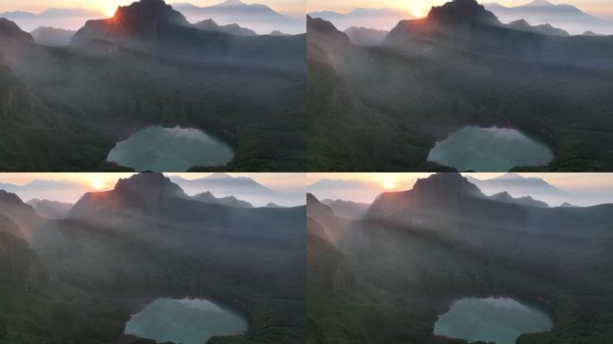 空中无人机拍摄的克鲁德火山日出场景和蓝色火山口，克鲁德火山，Kediri，东爪哇，印度尼西亚