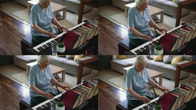 80年代，一位快乐的老奶奶在家里练习钢琴后关上钢琴