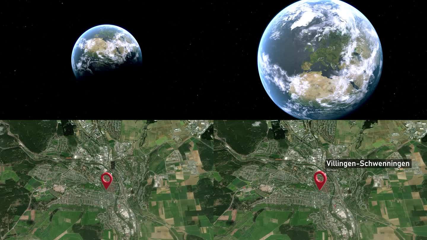 维林根-施文宁根城市地图从太空到地球的缩放，德国