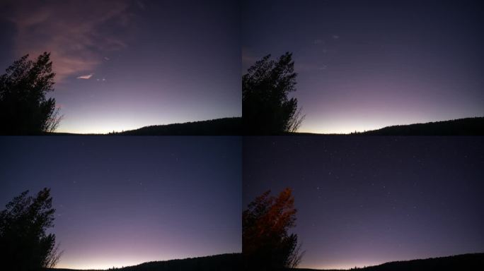 随着空中交通和流星的移动，时间从日落逐渐消失到夜晚