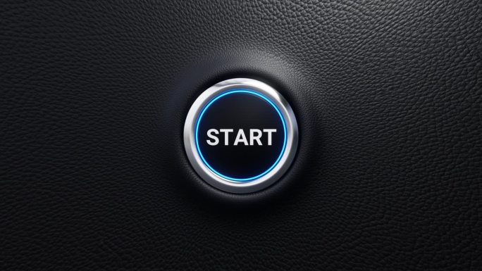 启动按钮，启动和停止现代汽车按钮与蓝色光泽，只需按下按钮，4k 3d循环动画