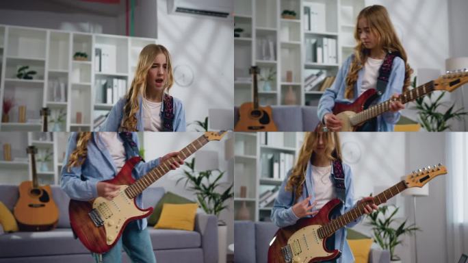 十几岁的摇滚女孩，穿着衬衫，长卷发，在家里的灯光室里弹吉他，唱歌跳舞。相机移动