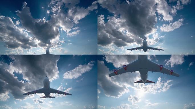 未来主义的背景，包括白色蓬松的云彩在蓝色的天空和他们的反射，视频循环的延时剪辑