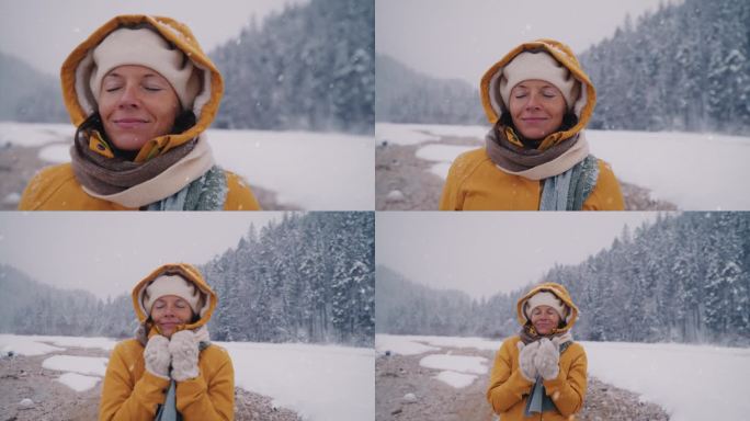 下雪的时候，女人在冬日的风景中享受新鲜的空气