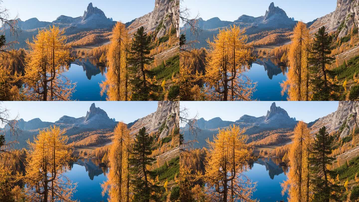 欧洲阿尔卑斯山间湖泊的秋色