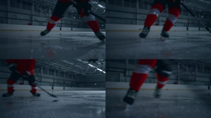 在冰球场上训练，冰球运动员的主动动作，镜头跟随，正面视图