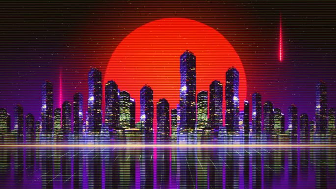 霓虹灯复古城市背景。未来城市八九十年代风格的合成波，赛博朋克，复古波，vhs故障，电脑游戏。