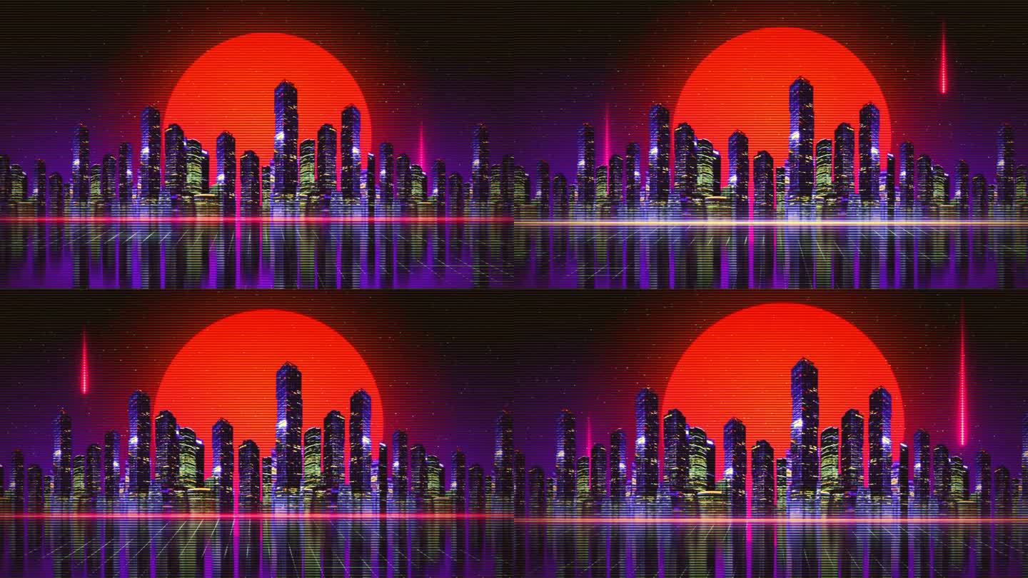 霓虹灯复古城市背景。未来城市八九十年代风格的合成波，赛博朋克，复古波，vhs故障，电脑游戏。