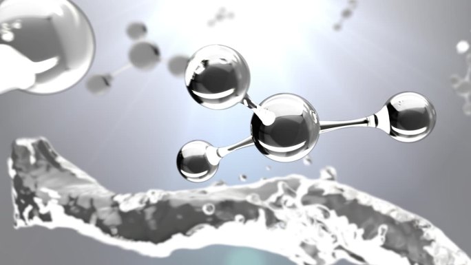 分子。奶油分子的科学插图。透明质酸护肤液广告，胶原蛋白精华液滴与化妆品广告背景。3 d渲染。