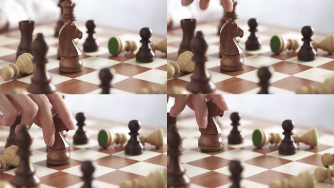 女手移动黑骑士。象棋比赛时刻在棋盘上的木制象棋