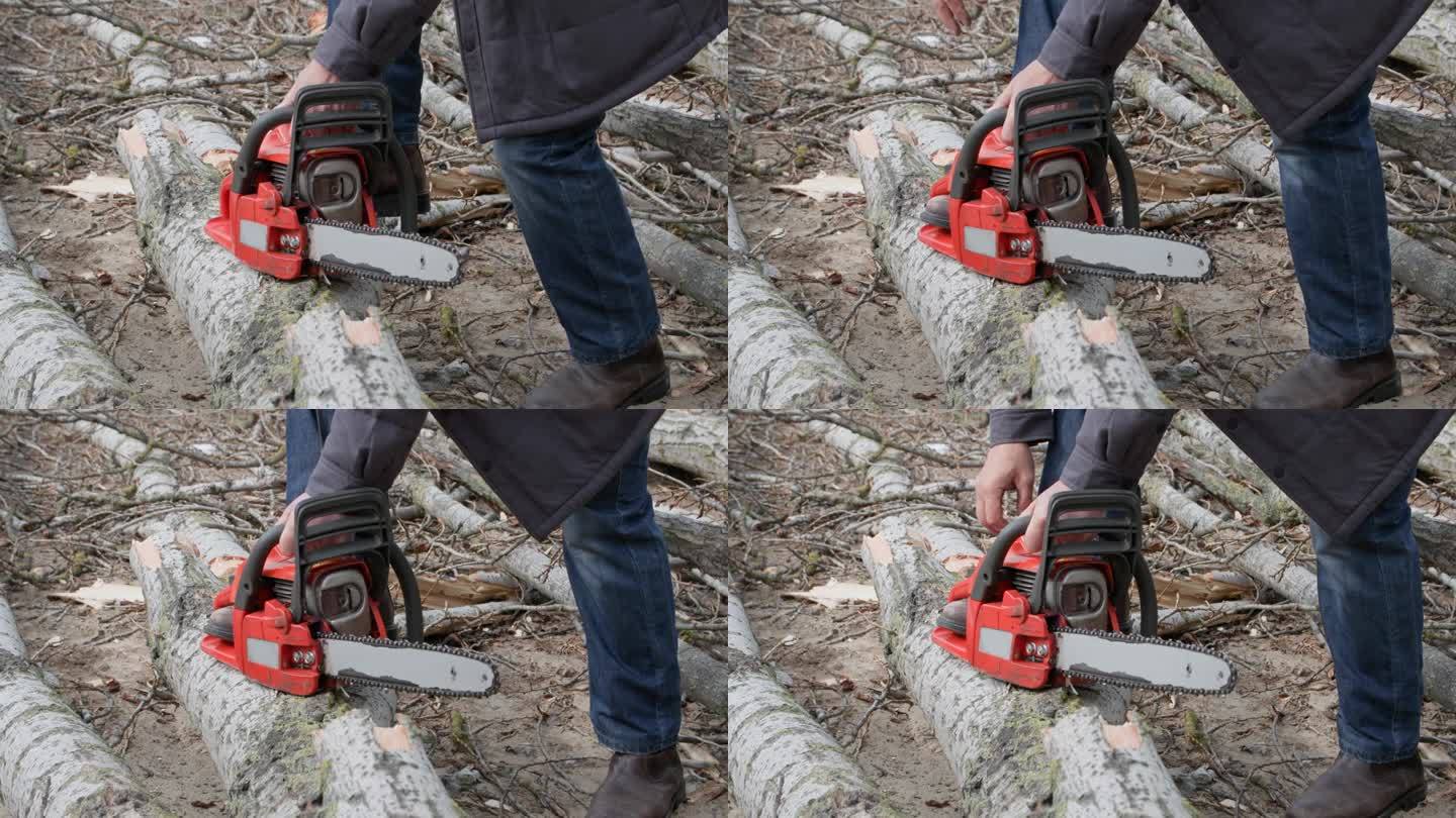 在锯柴火时，一位老人开始用电锯把树锯成树桩，特写